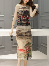 Awesome Printed  Round Neck  Slit  Chiffon Maxi Dress